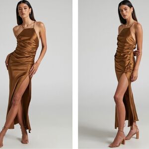 Showpo Malornan High Neck Ruched Satin Maxi Dress in Coffee Size 10